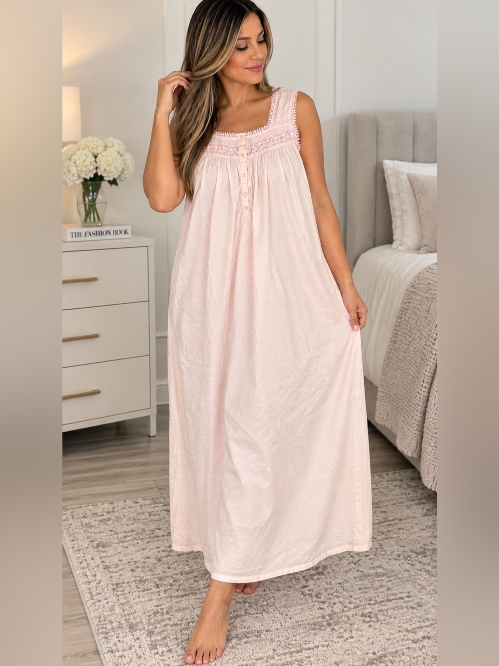 Adonna Pale Pink Sleeveless Lace-Trim Nightgown
